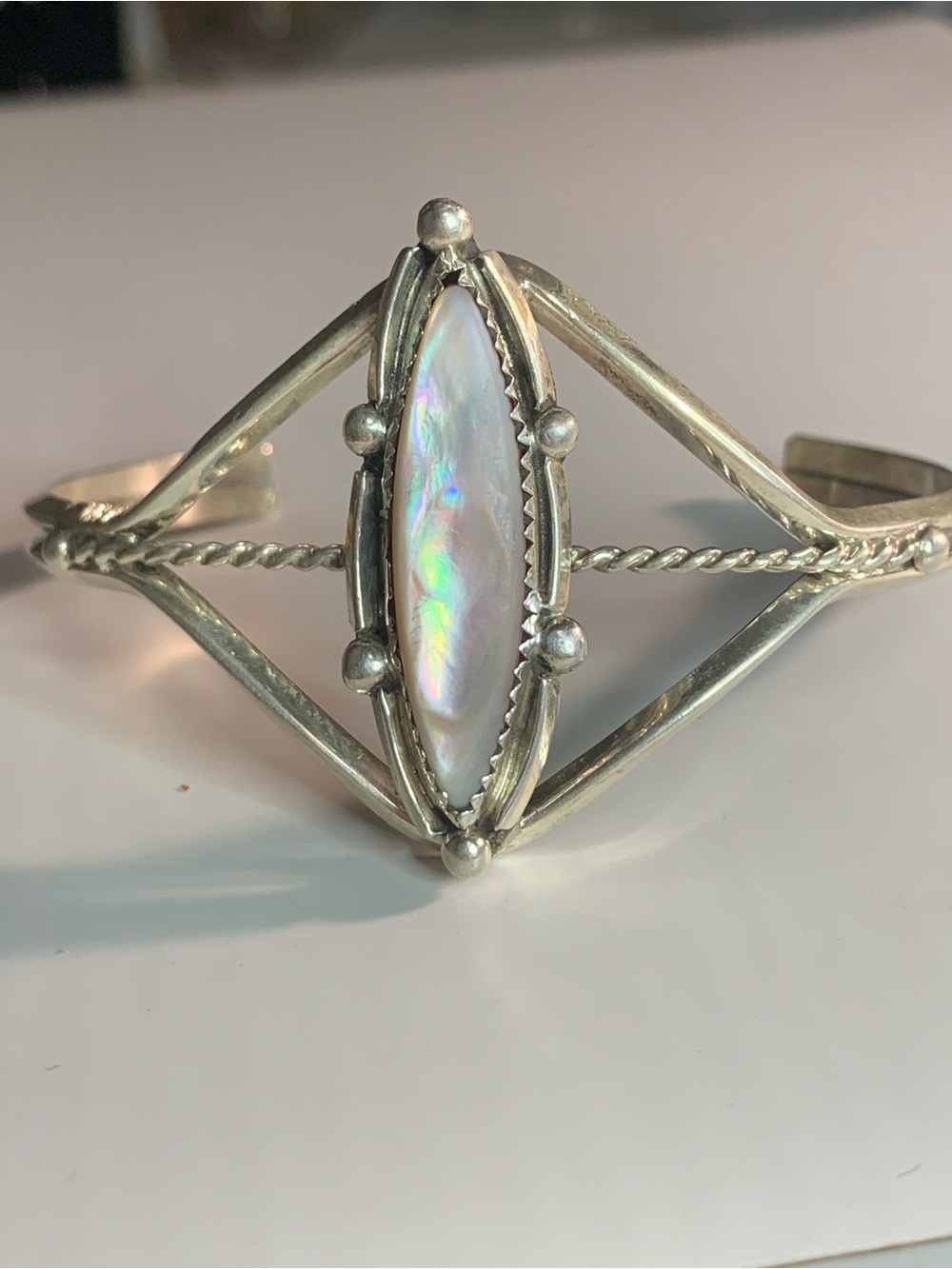 Sterling Silver Marquise Mother of Pearl Cuff Bracelet - Iridescent White